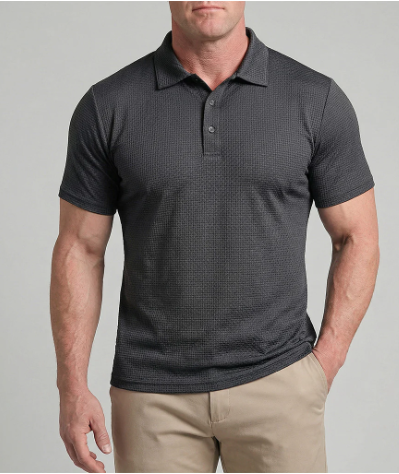 Model wearing Confidence Polo in grey